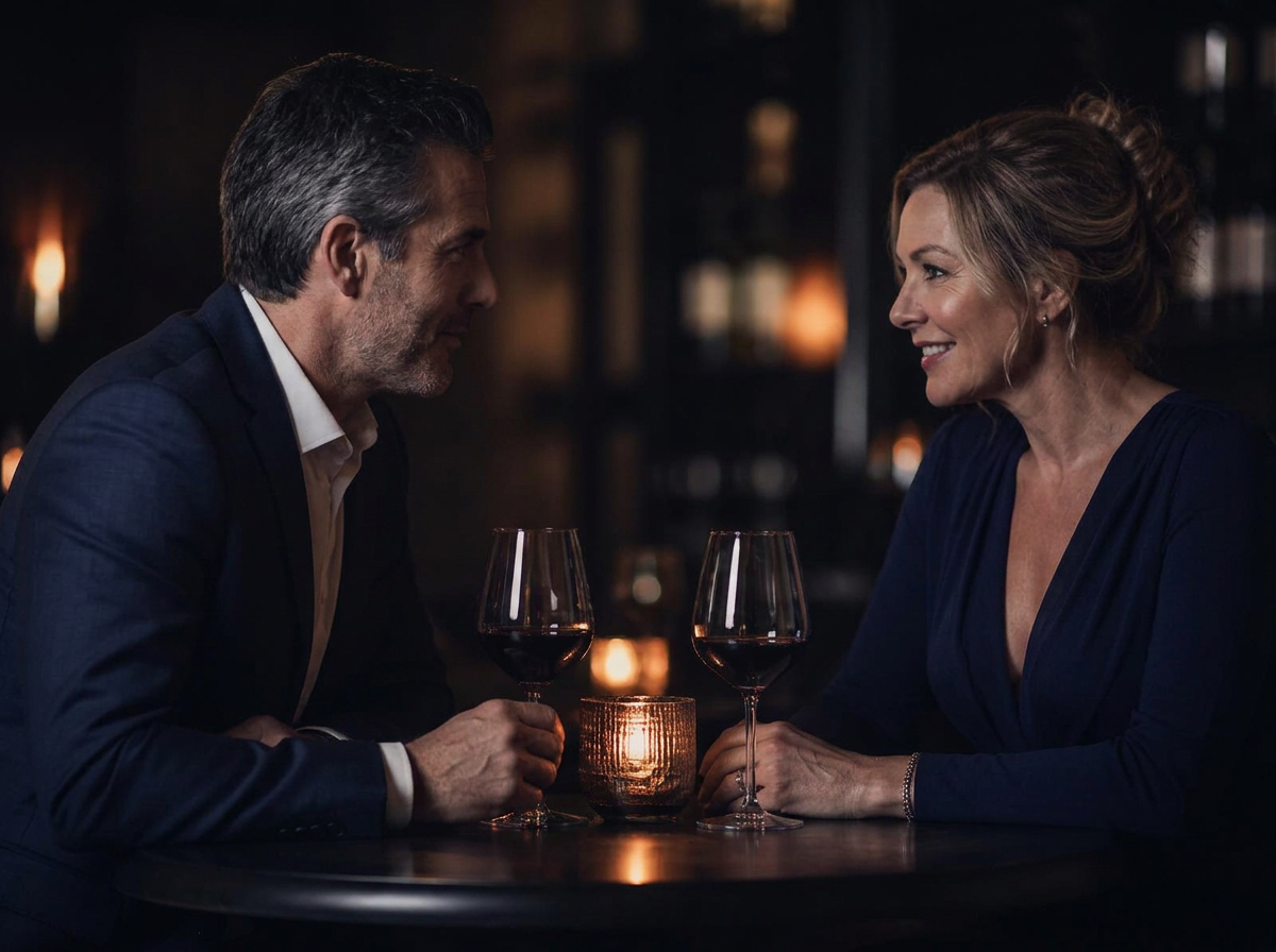A couple in their fifties talking over wine in a candlelit bar